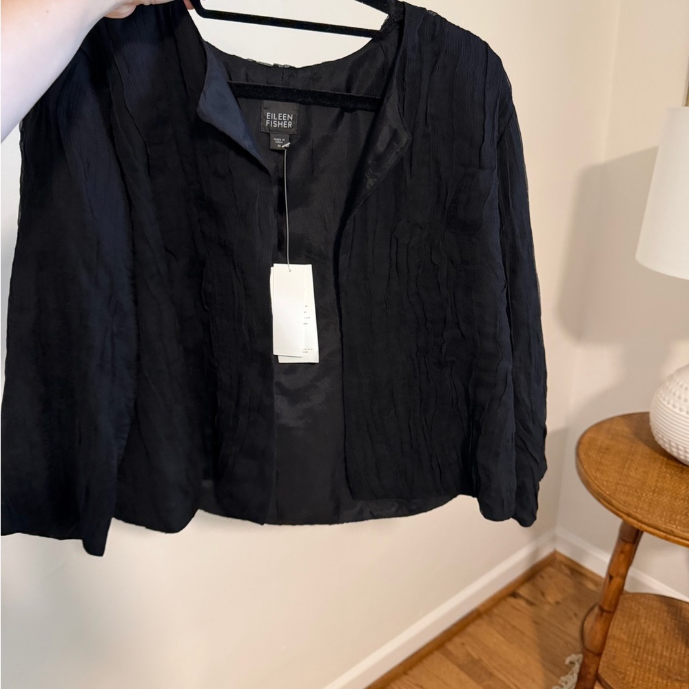 Eileen Fisher Black Open Front Textured Jacket